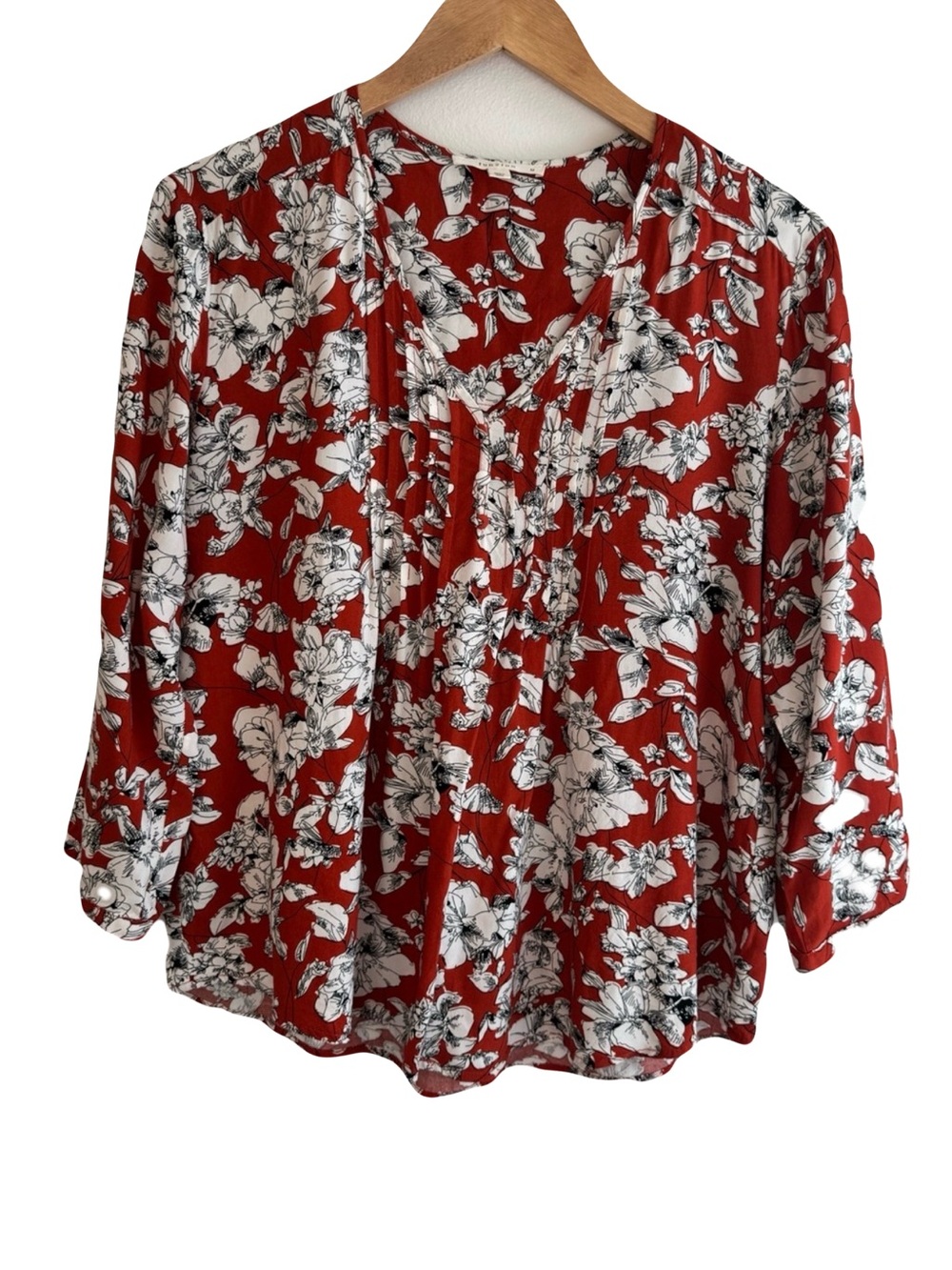Fun2Fun Floral Pintuck V-Neck Blouse Burnt Orange Size M